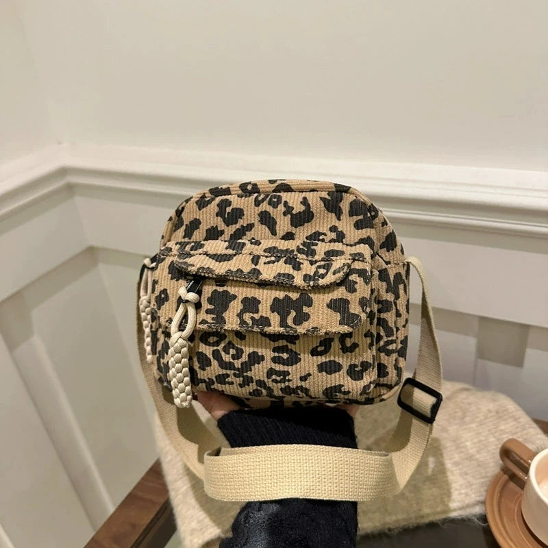 Leopard Print Corduroy Mini Crossbody Bag for Women