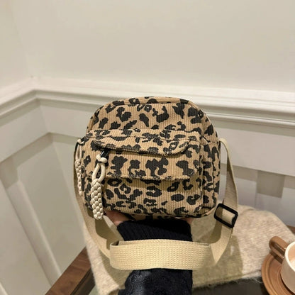 Leopard Print Corduroy Mini Crossbody Bag for Women