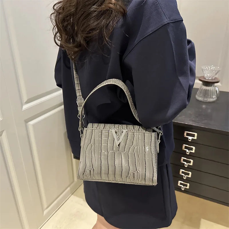 Mini Croc-Embossed PU Leather Handbag with V-Lock