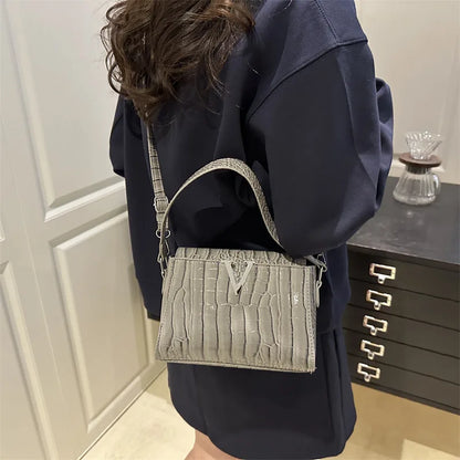 Mini Croc-Embossed PU Leather Handbag with V-Lock