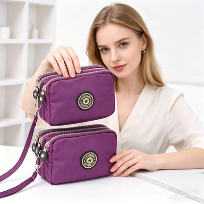 Chic Nylon Triple Zipper Wristlet Clutch Durable Multi-Pocket Design