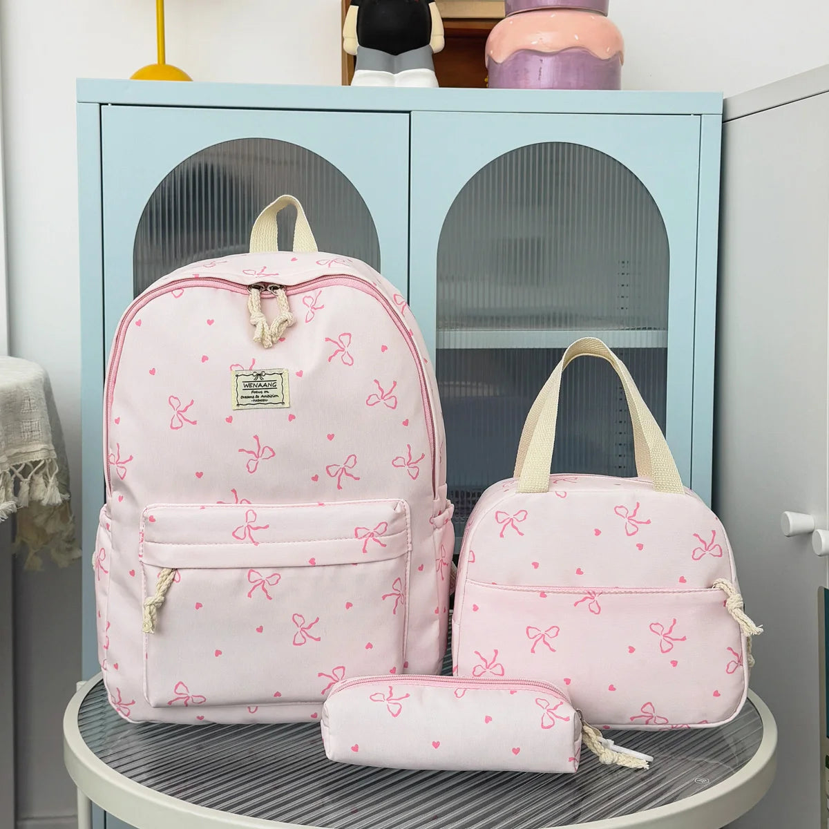 Sweet Fresh Bow Print Three Piece Backpack Set Lightweight Large Capacity College Style Campus