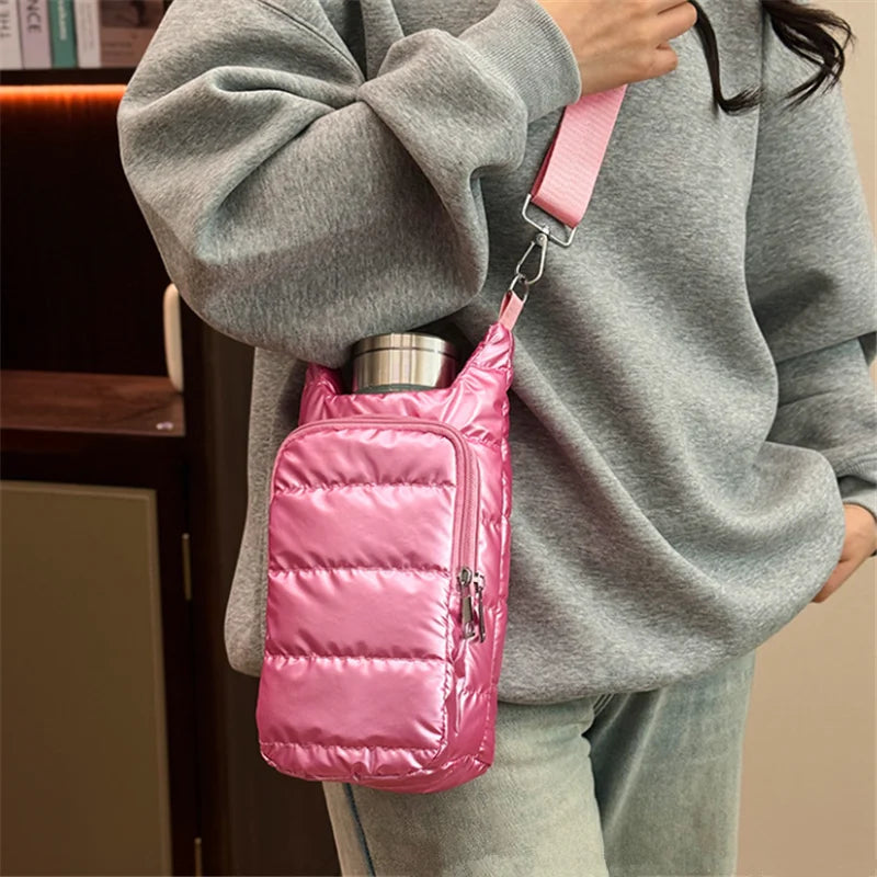 Water Bottle Carrier Crossbody Bag – Puffer Sling Holder with Pocket