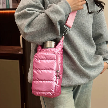Water Bottle Carrier Crossbody Bag – Puffer Sling Holder with Pocket