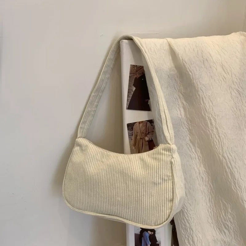 Minimalist Corduroy Versatile Bag Chain Accent Underarm Bag Zipper Closure Casual Shoulder Purse