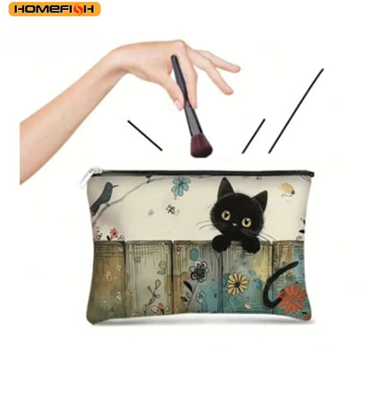 1 Homefish Vibrant Black Cat Floral Zipper Cosmetic Bag