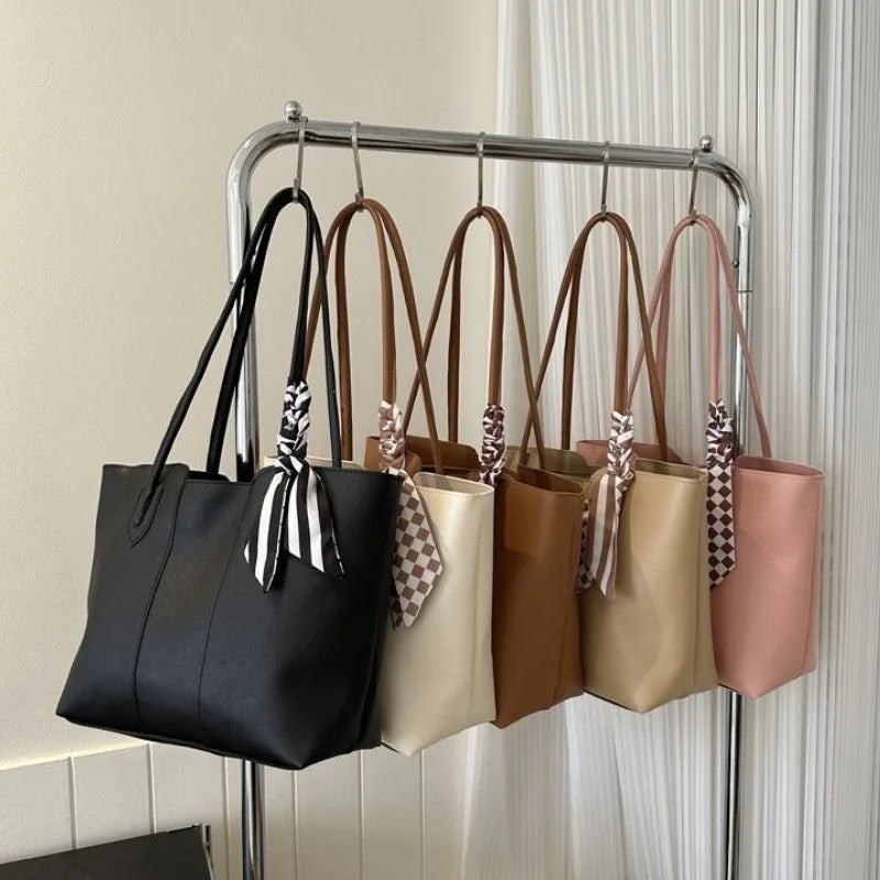 Large Faux Leather Tote Bag – Work Shoulder Purse with Scarf Detail