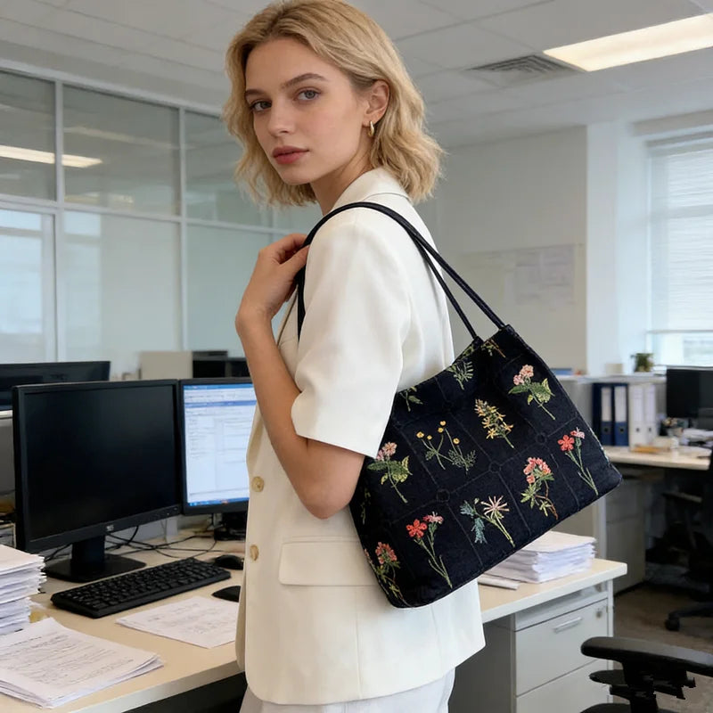 Floral Embroidered Canvas Tote Bag – Women's Bucket Shoulder Bag
