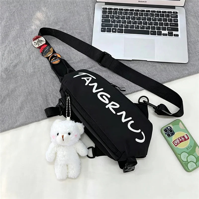 Crossbody Sling Chest Bag with Badge & Bear Pendant – Unisex