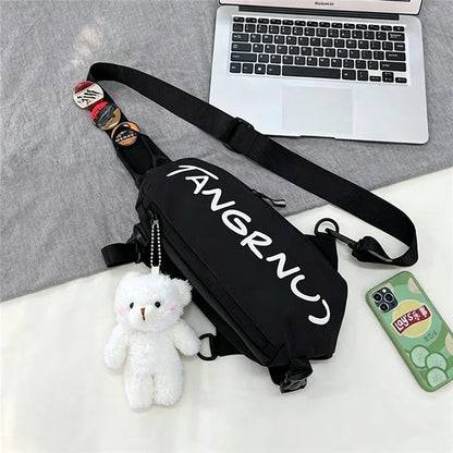 Crossbody Sling Chest Bag with Badge & Bear Pendant – Unisex