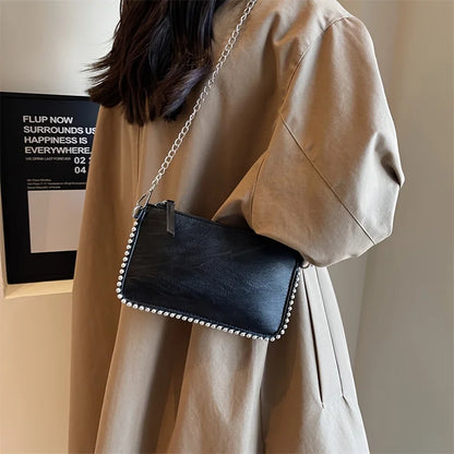 Faux Leather Crossbody Clutch Bag with Silver Chain Strap