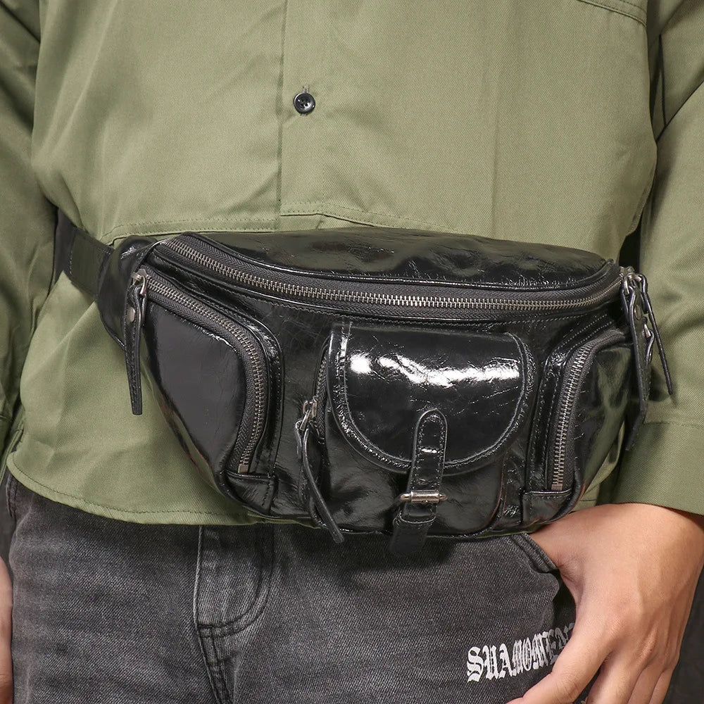 Top-Grain Cowhide Ipad Mini Waist Bag Genuine Leather Casual Chest Bag Multi-Functional Motorcycle