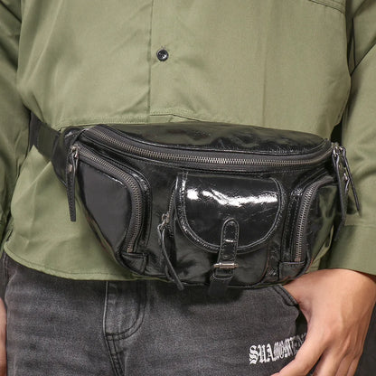 Top-Grain Cowhide Ipad Mini Waist Bag Genuine Leather Casual Chest Bag Multi-Functional Motorcycle