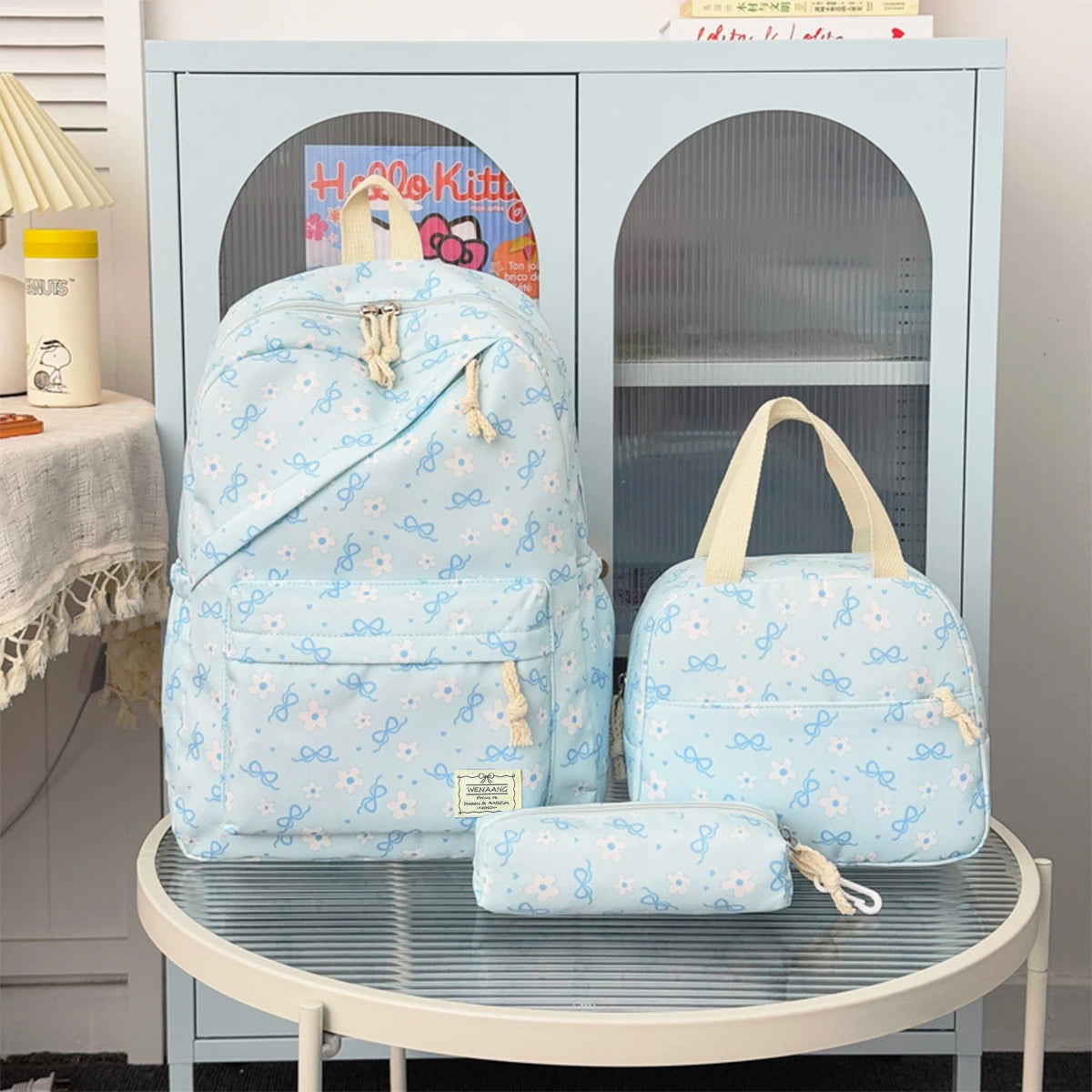 Gentle Sweet Bow Flower Printed Three Piece Backpack Set Nylon Lightweight Large Capacity Girls