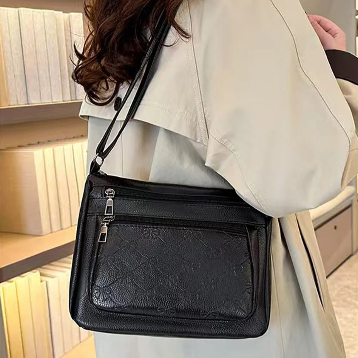 Business Unisex Solid Shoulder Bag Pu Bow Embossed Multi Pocket Storage Adjustable Strap Function
