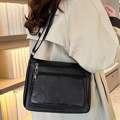 Business Unisex Solid Shoulder Bag Pu Bow Embossed Multi Pocket Storage Adjustable Strap Function
