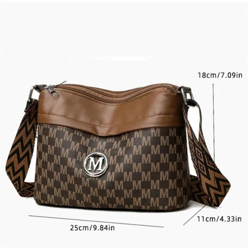 Letter Print Crossbody Bag – Triple Zipper Leather Shoulder Purse