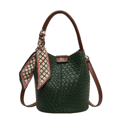 Stylish Women Bucket Tote Bag Solid Color Woven Effect Handbag Shoulder Crossbody Bag