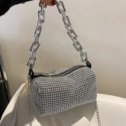 Rhinestone Shoulder Bag – Sparkling Pillow Bag with Chain Strap