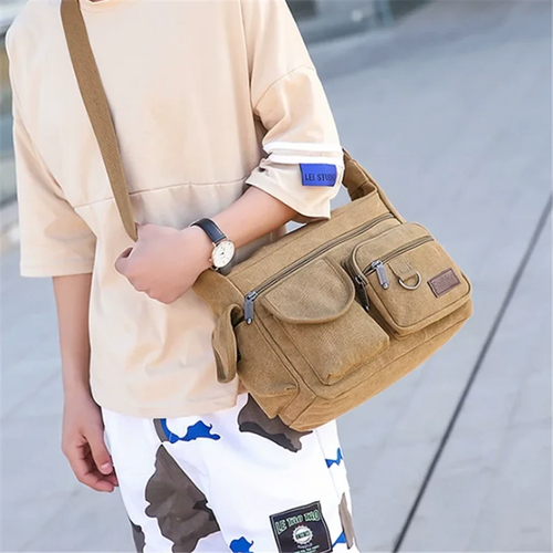 Men's Vintage Canvas Crossbody Bag – Multi-Pocket Messenger Shoulder Bag