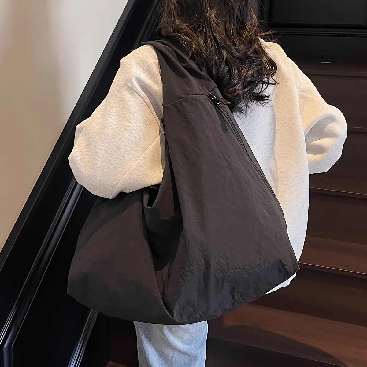 Nylon Tote Bag with Multiple Zipper Pockets – Solid Color Everyday Carry