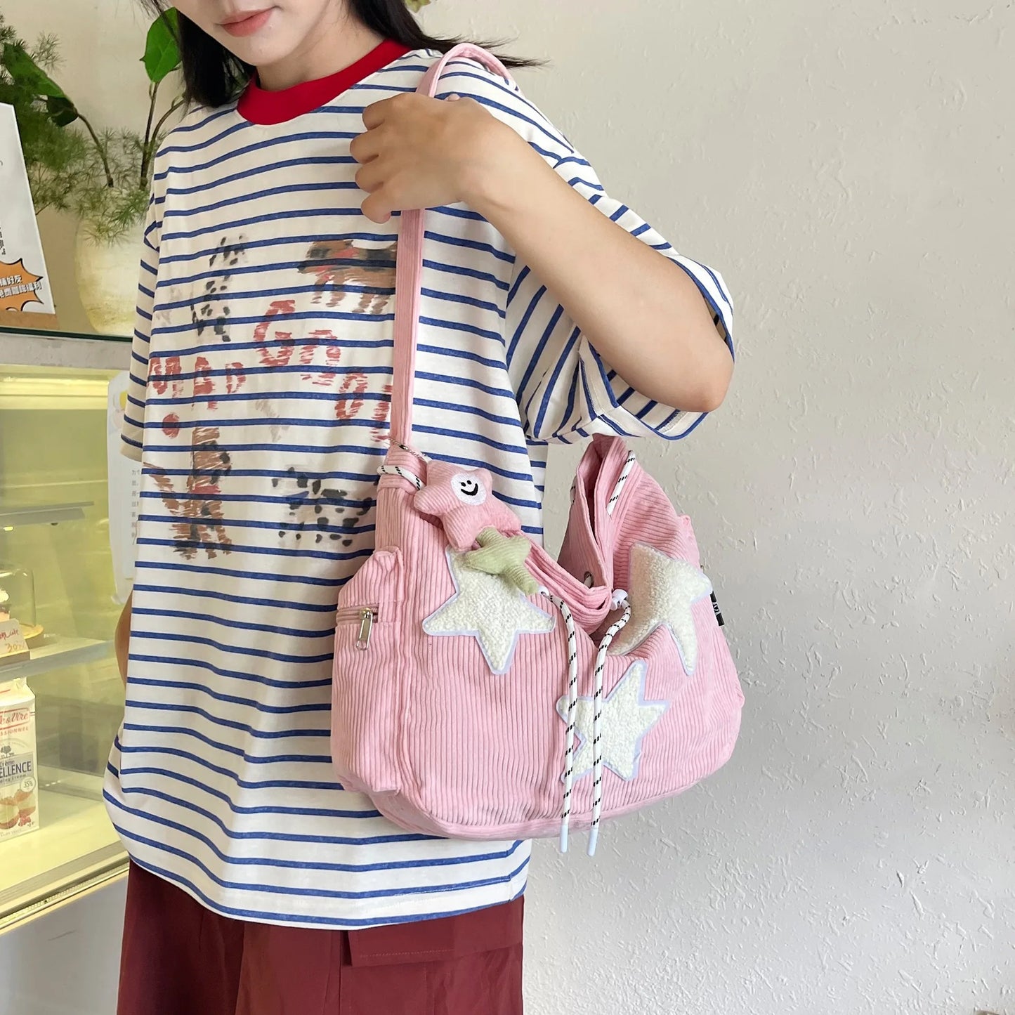 Y2K Corduroy Star Tote Bag with Plush Star Decor