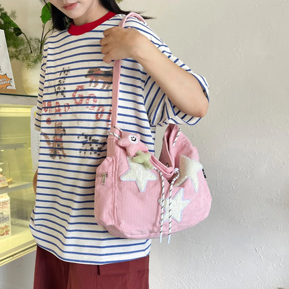Y2K Corduroy Star Tote Bag with Plush Star Decor