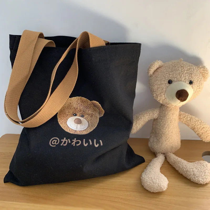 Bear Print Canvas Tote Bag – Large Capacity Shoulder Bag