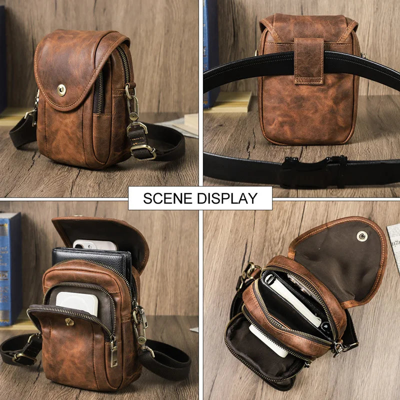 Retro Crazy Horse Leather Men S 7-Inch Mobile Phone Waist Bag Belt Multi-Functional Genuine Leather