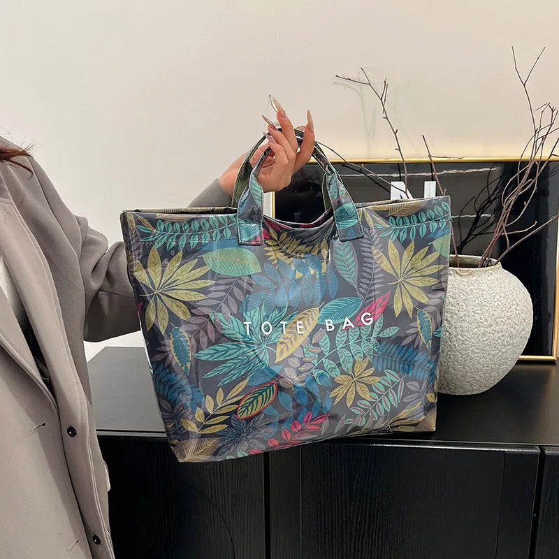 Tropical Leaf Print PVC Tote Bag – Waterproof Clear Shoulder Handbag