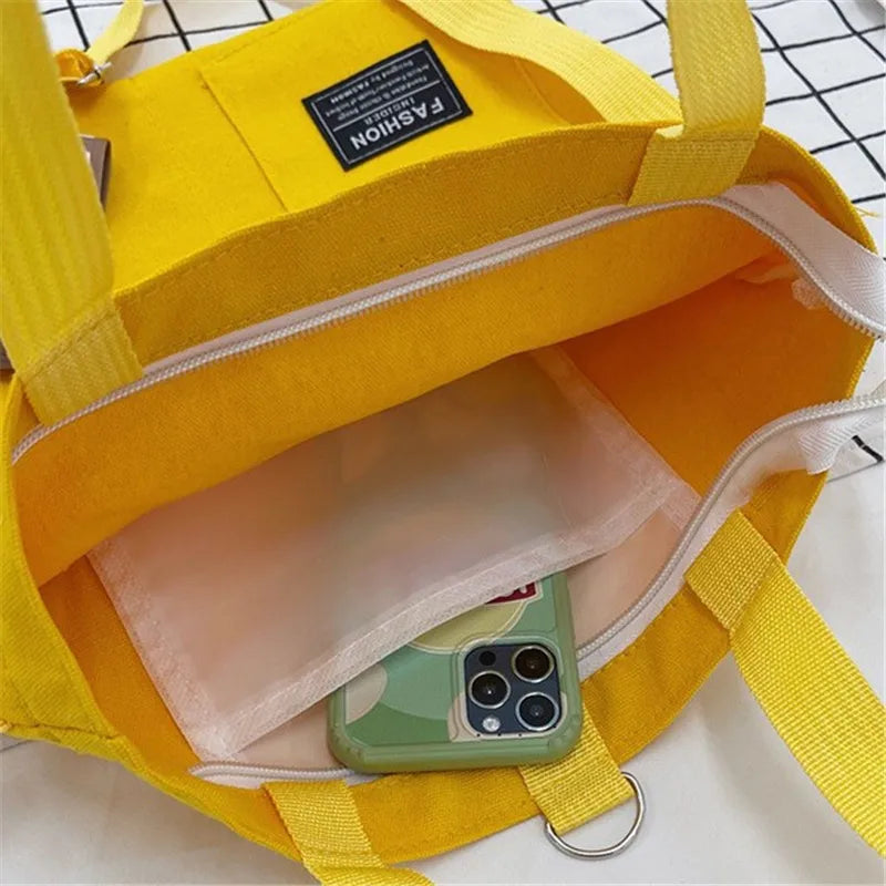 Cute Canvas Tote Bag with Bear Charm – Large Capacity Shoulder Bag