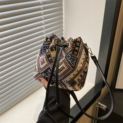 Bucket Bag for Women – Geometric Print Drawstring Crossbody Purse