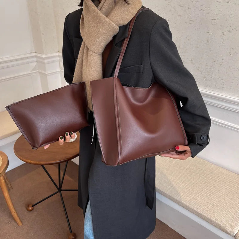 Large Capacity Tote Bag with Inner Pouch – Faux Leather