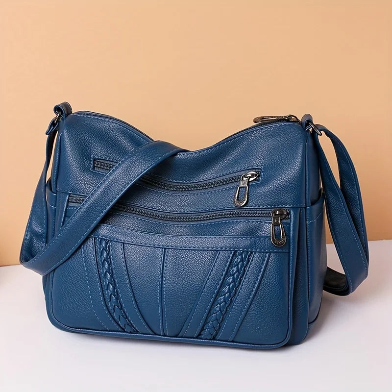 Braided Detail Crossbody Bag – Women's Multi-Pocket Faux Leather Shoulder Purse