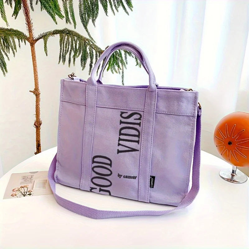 Letter Print Canvas Tote Bag Comfortable Wide Strap Shoulder Bag