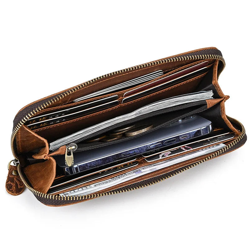 Crazy Horse Leather Long Wallet Retro Embossed Zipper Handbag Multi-Card Mobile Phone Change Storage
