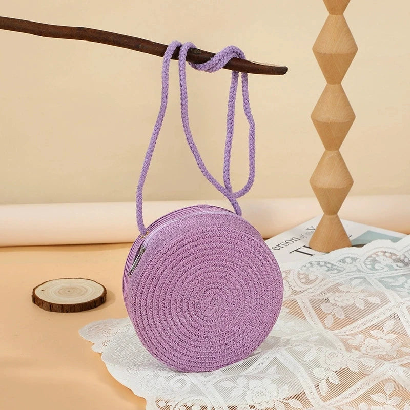 Round Woven Straw Crossbody Bag for Women