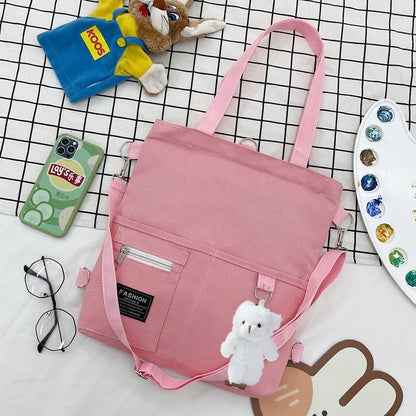 Cute Canvas Tote Bag with Bear Charm – Large Capacity Shoulder Bag