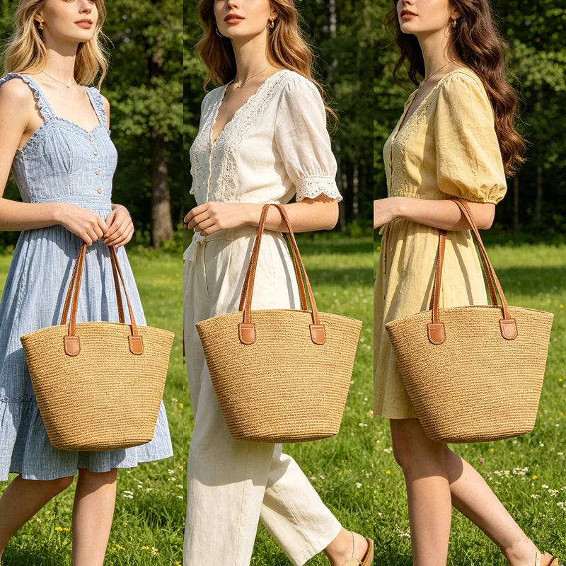 Summer Beach Casual Handbag Shoulder Bag Women Striped Straw Tote Bags Leather Handles