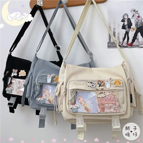 Kawaii Japanese Nylon Crossbody Bag with Transparent Pin Pocket