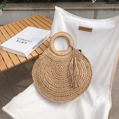 Round Rattan Straw Tote Bag with Tassel for Women