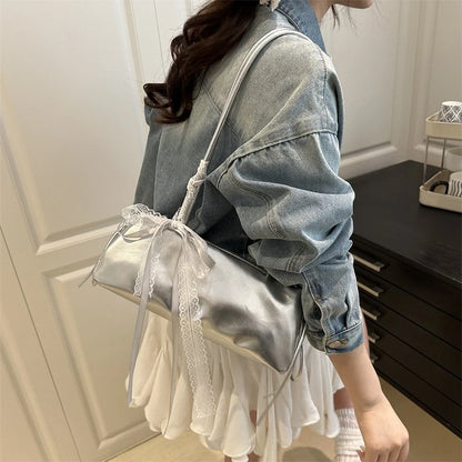 Faux Leather Shoulder Bag – Lace Ribbon Bow Tote Handbag