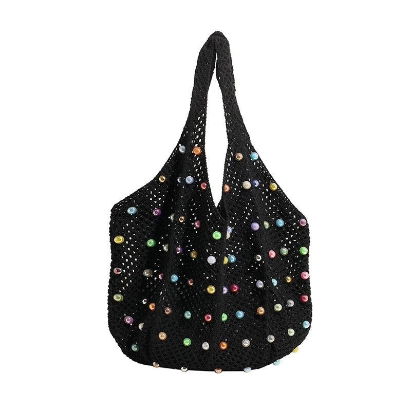 Summer Commuting Woven Bag Women Single Armpit Large Capacity Tote Bag Beach Pearl Hollow Handbag