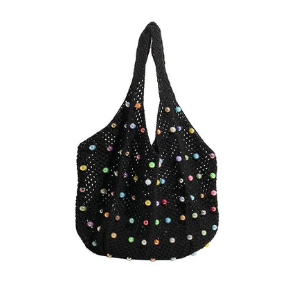 Summer Commuting Woven Bag Women Single Armpit Large Capacity Tote Bag Beach Pearl Hollow Handbag