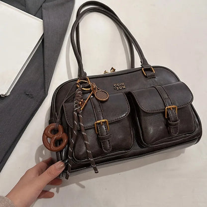 Multi-Pocket PU Leather Shoulder Bag with Decorative Charm