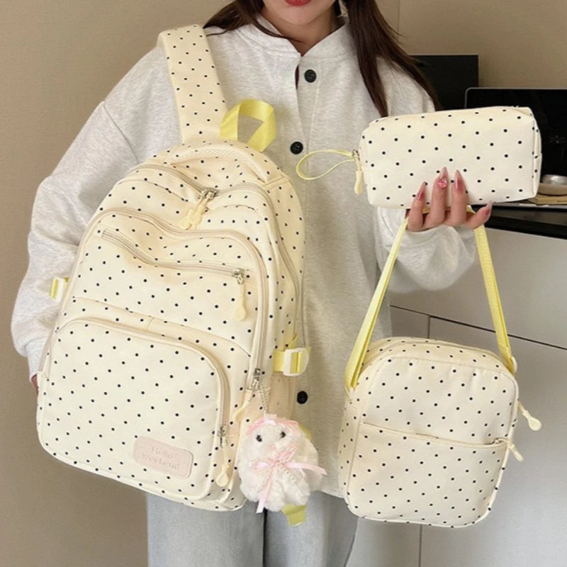 Nylon Polka Dot Backpack Set Stationery Storage Multi Compartment Girls Zipper Closure Student Gifts