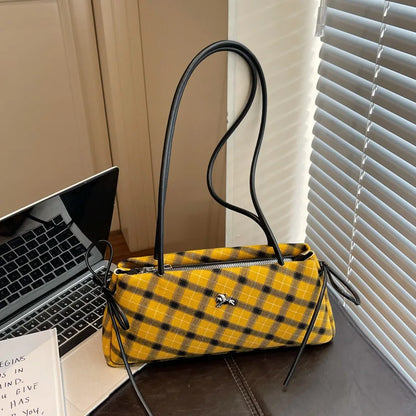 Microfiber Striped Plaid Zipper Bow Handbags Affordable Luxury Design Sense Shoulder Bags Satchels