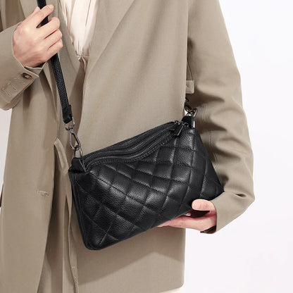 Leather Rhomb Shoulder Bag Women Simple Casual Soft Zipper Large Capacity Cowhide Crossbody - Soft