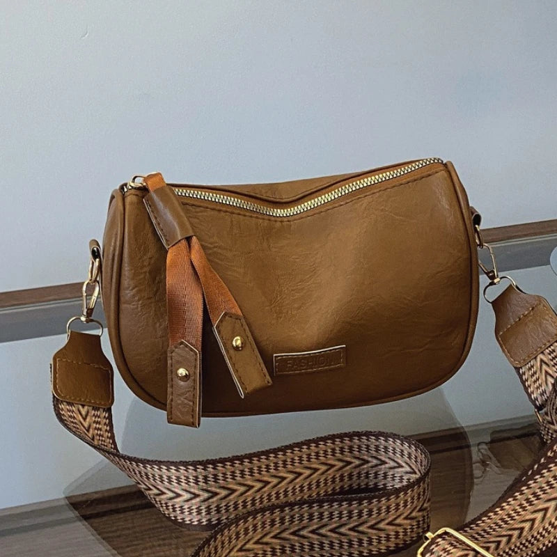 Women's Vintage Faux Leather Crossbody Bag with Wide Chevron Strap