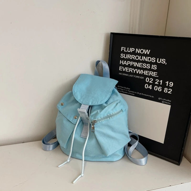 Mini Drawstring Flap Backpack Water-Resistant for Women